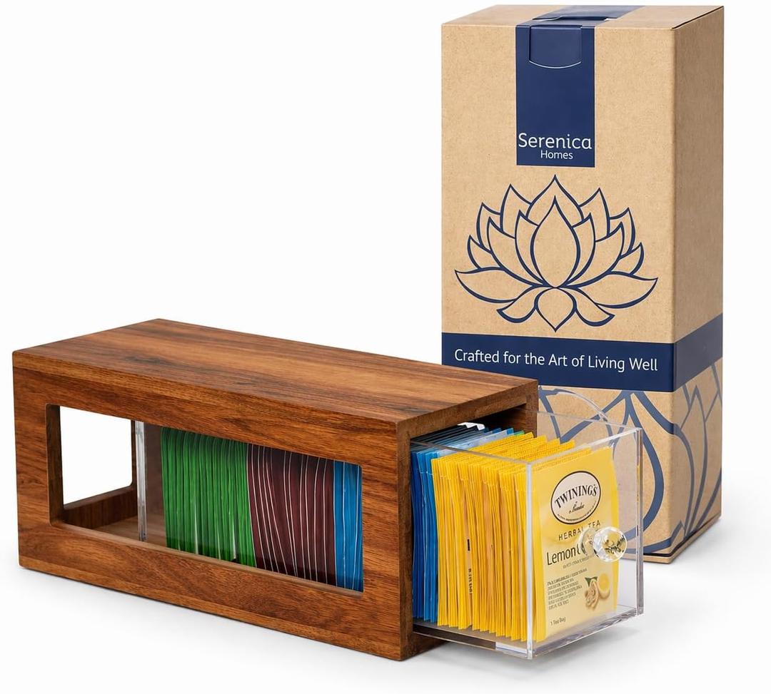 Acacia Wood and Acrylic Drawer Tea Bag Holder Durable & Elegant Tea Bag Storage Organizer for Kitchen Countertop, Space-Saving Tea Drawer Organizer