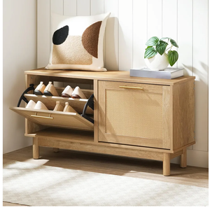 HOOBRO Shoe Storage Bench Entryway, Rattan-Like Shoe Bench with Flip Drawers, Narrow Shoe Rack Bench, Shoe Cabinet with Rattan Doors, Wooden Shoe Organizer for Entryway Hallway, Natural NL51HX01