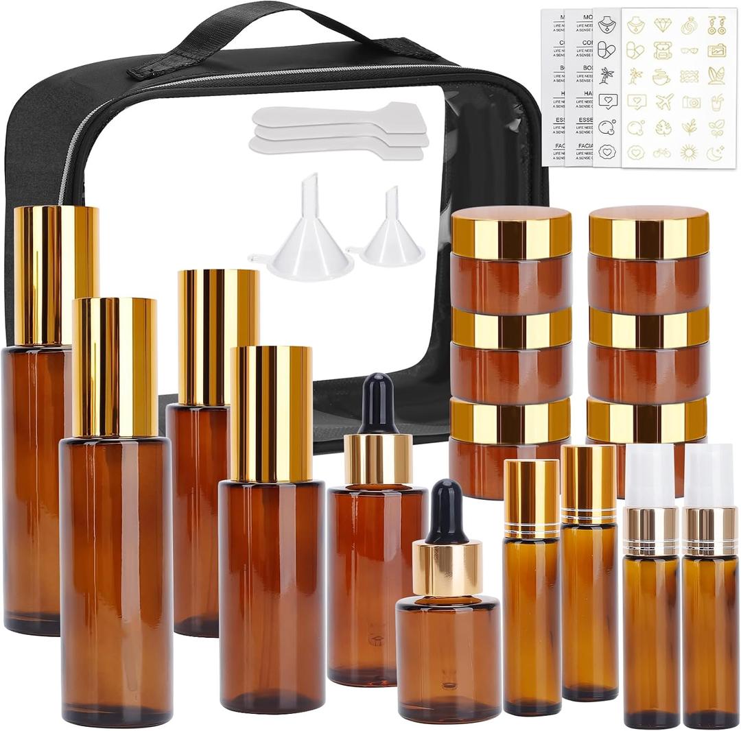 26 Pack TSA Approved Glass Travel Skincare Containers, 2/1.7/1.35/0.7/0.5/0.3oz Refillable Traveling Size Containers with Pump, Jars & Essential Oil Bottle, Leak-Proof for Creams & Liquids (EXP 07/15/26)
