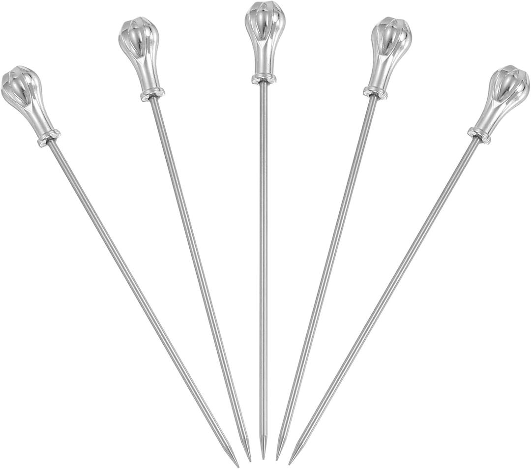 Uxcell 5 Pcs Stainless Steel Cocktail Picks, 4.5 Inch Martini Picks Fruit Sticks Metal Skewers Reusable for Drinks Olives Appetizers Fruit Decorative, Silver (Gem)