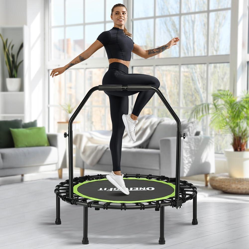 ONETWOFIT Foldable Rebounder Trampoline for Adults, 40” Mini Fitness Trampoline Adjustable Foam Handle Bungees, Quiet Exercise Trampoline for Personal Indoor Workout (40IN-with Handle)