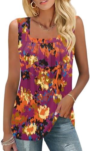 KTILG Summer Sleeveless Square Neck Tops Flowy Pleated Tunic Tank Tops for Women Loose Fit, Size Small