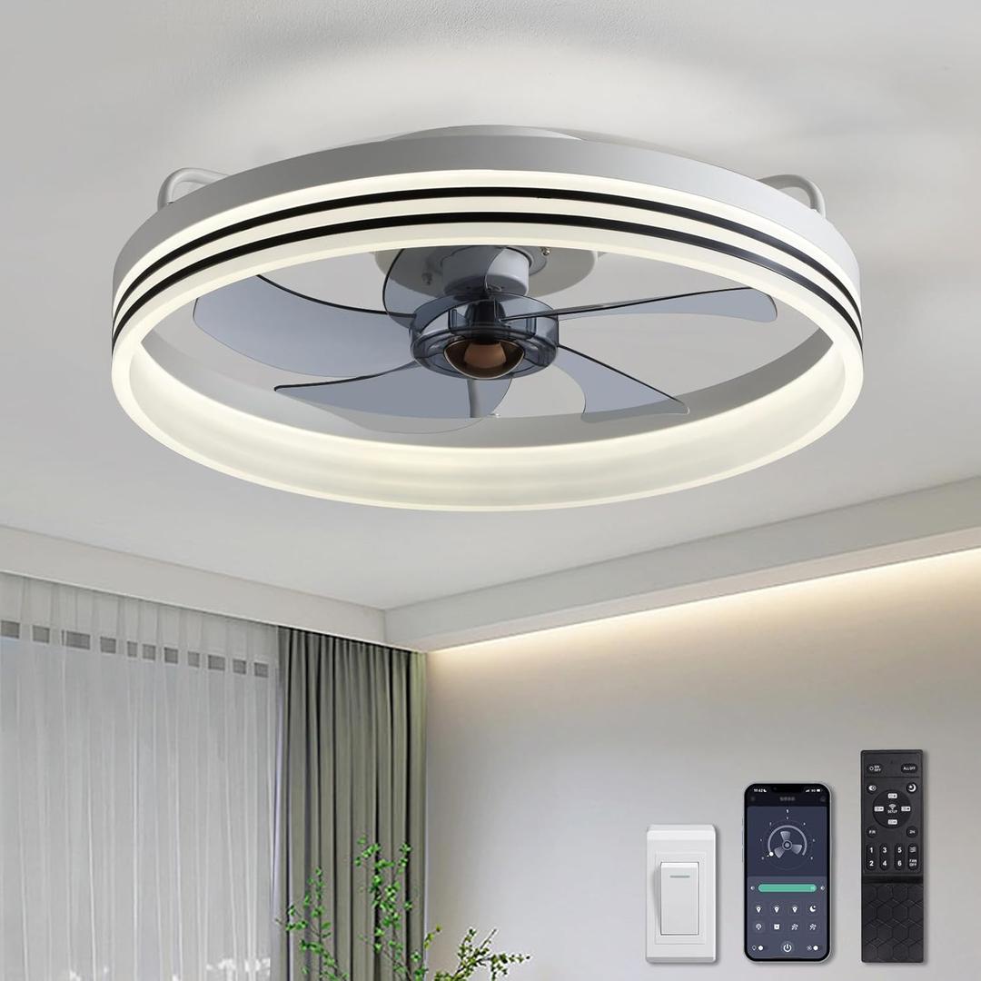 Ceiling Fans with Lights, Flush Mount Ceiling Fan with Lights and Remote, 6 Wind Speeds Smart Low Profile Ceiling Fan for Bedroom, Dining Room and Kitchen 20" (White)