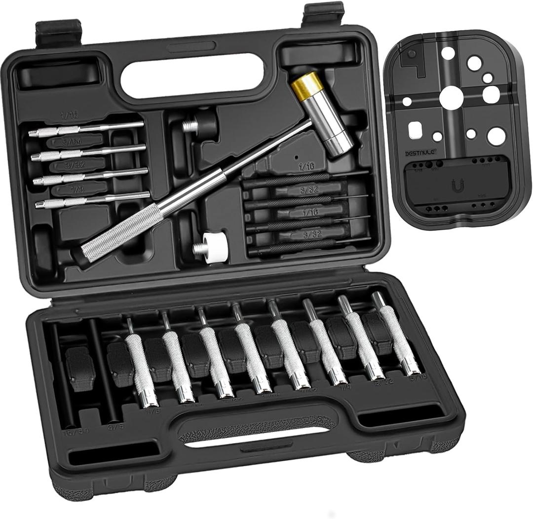 BESTNULE Punch Set, Pin Punches, Punch Tool, Roll Pin Punch Set, Made of High Quality Metal Material Including Punches and Hammer, Mechanical Repair Tool, with Organizer Storage Box (with Bench Block)