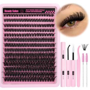 DIY Eyelash Extension Kit D-Curly Wispy Volume Lash Clusters Individual Lashes Lash Extension Kit with Lash Bond and Seal Applicator Tool for Self Application at Home (80P-280Pcs-Mix10-16mm-0.07D)