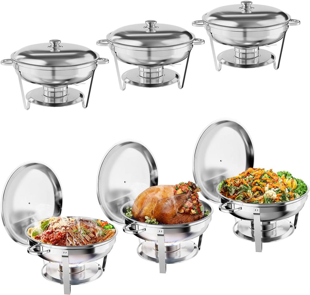 5QT Chafing Dish Buffet Set of 6 Pack, Food Warmers and Servers Round Stainless Steel Chafer with Food & Water Pan, Lid, Frame, Fuel Holder for Catering,Parties and Festivals