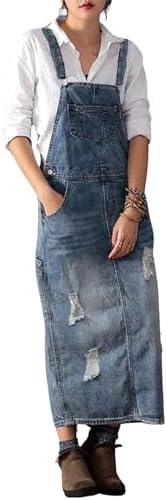 chouyatou Women's Adjustable Strap Distressed Denim Overall Dress A-Line Pinafore Jean Dress with Split M