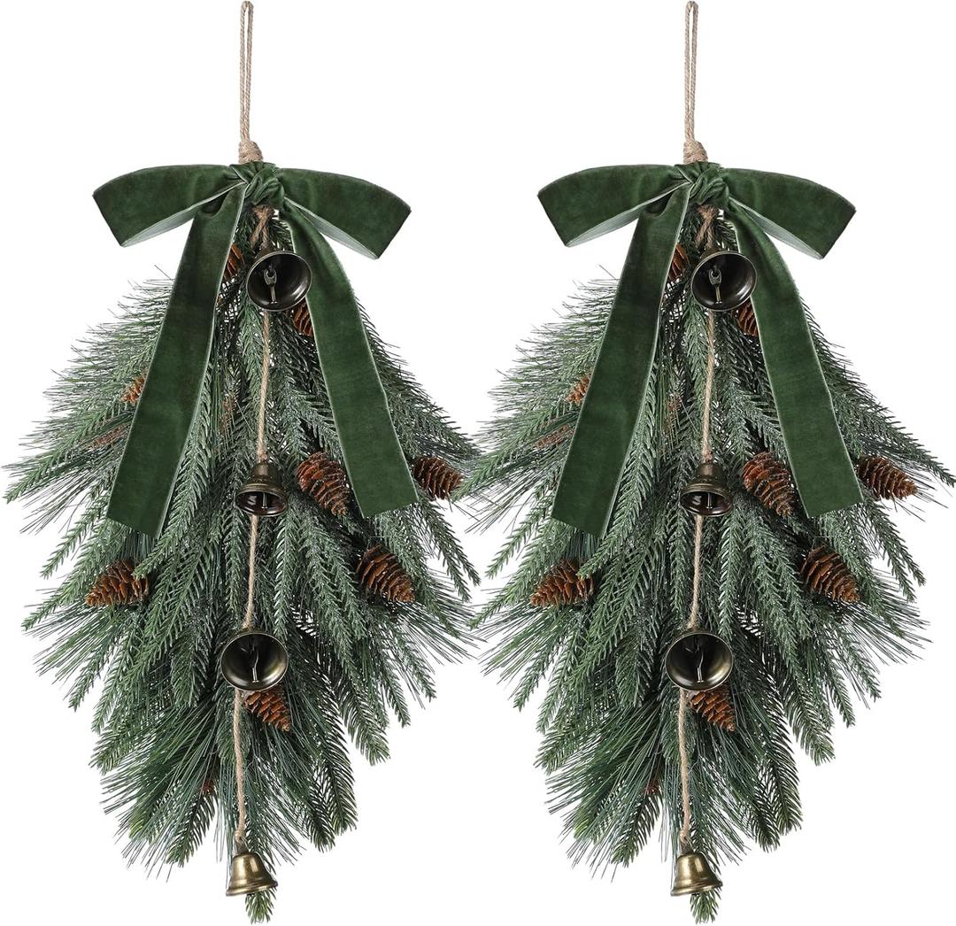 Shihanee 2 Pcs 24" Christmas Teardrop Swag Rustic Door Swag Teardrop Wreath Artificial Norfolk Pine Hanging Garland Greenery with Bell Velvet Bow for Outdoor Mantle Fireplace (Green,23.6 Inch)