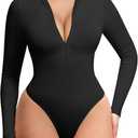 FeelinGirl Long Sleeve Bodysuit for Women Mock Turtle Neck Body Suits Zip Up Design Black Tummy Control Bodysuit Shirts (Medium-Large)