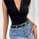 Summer Tops for Women V Neck Going Out Tops Stretchy Sequin Tank Sexy Casual Outfits 2025 Black (X-Large) (Black, XL)