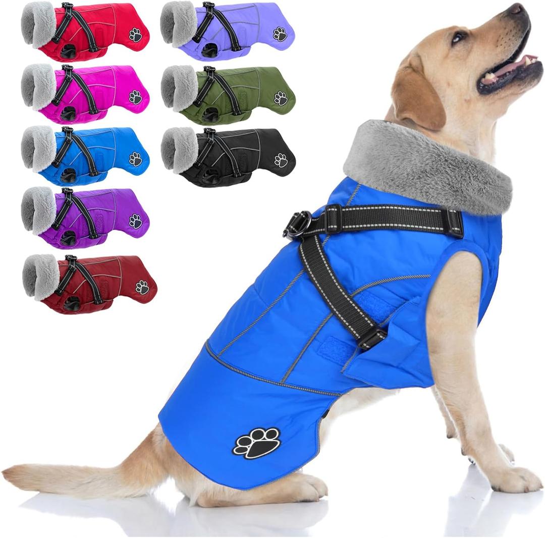 Doglay Dog Coat with Harness, Reflective Warm Dog Jacket Waterproof Puppy Winter Coat for Cold Weather, Adjustable Fleece Jacket for Small Medium Large Dogs (Blue)