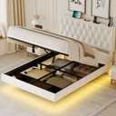 Lift Up Storage Bed Frame Queen Size Floating Bed Frame with Adjustable Headboard/LED Lights/Charging Station/Outlet,Velvet Upholstered Tufted Platform Bed Frame/Wooden Slat/No Box Spring Needed,White