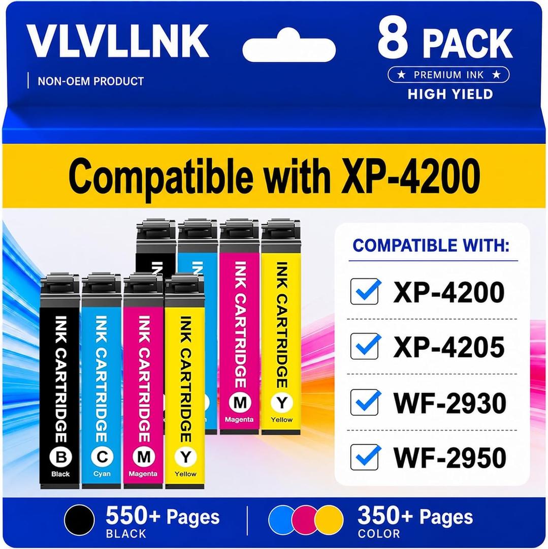 Remanufactured Replacement for Epson 232XL Ink Cartridge Combo Pack | Compatible for 232 XL Ink Works with XP-4200 XP-4205 Workforce WF-2930 WF-2950 (8 Pack, 2 Black 2 Cyan 2 Magenta 2 Yellow)