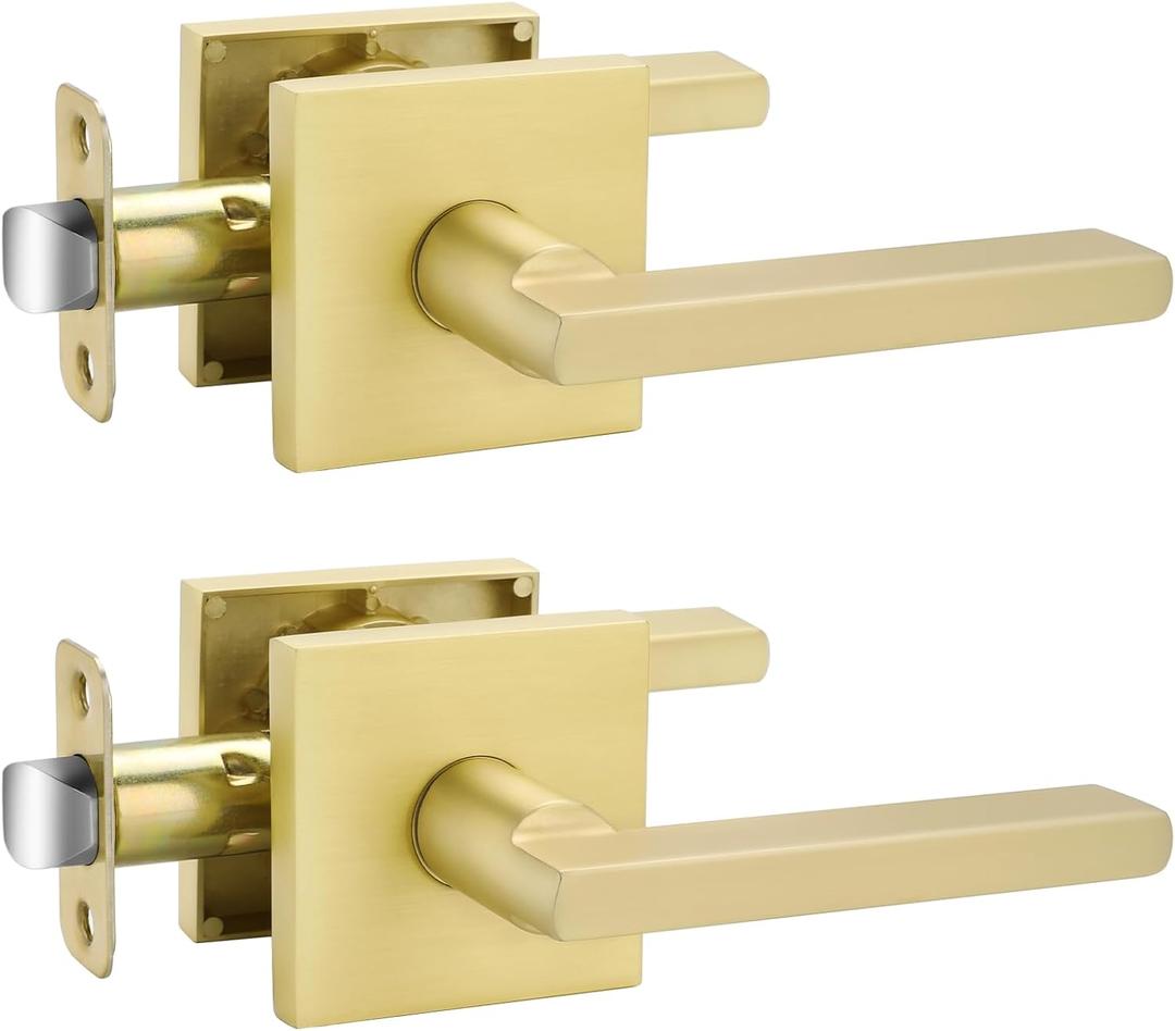 Goldenwarm Gold Passage Door Handles for Hallways & Closets, Zinc Alloy Non-Locking Brushed Gold Closet Door Handles, Heavy Duty Passage Door Hardware (2 Pack)