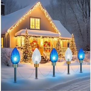 Moonflor Strawberry Super Jumbo C9 Christmas Pathway Lights Outdoor - 2 Pack Total 22 FT 10 LED Jumbo C9 Pathway Lights, Hanging Christmas Light Outdoor Decorations for Lawn Yard, Blue & Pure White