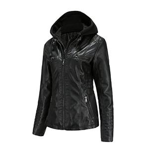 Tagoo Faux Leather Jacket Women Motorcycle Coat for Biker with Removable Hood Plus Size.3XL