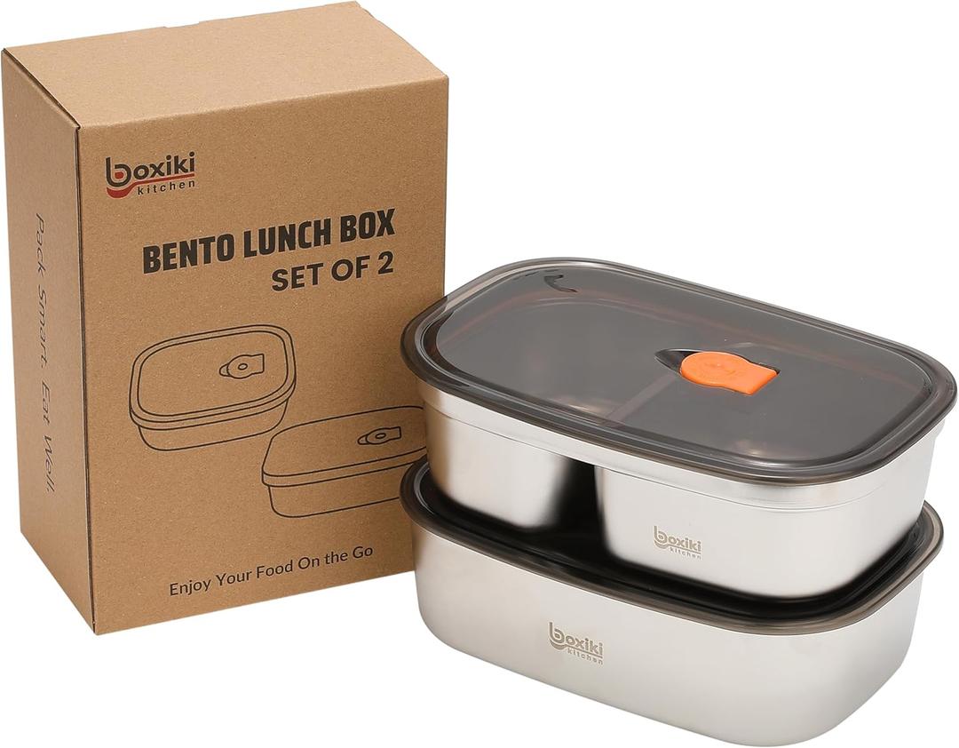 Boxiki Kitchen Bento Lunch Box Set of 2 pcs  Leakproof, BPA Free, Dishwasher Safe Lunch Containers with Compartments  Reusable Bento Box for Adults
