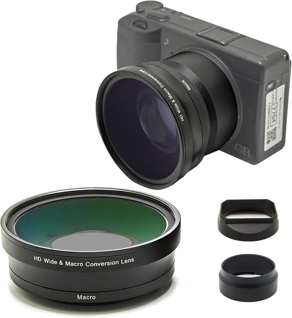 FotoZ 49mm 0.75x Wide Angle & Macro Conversion Lens, HD 2 in 1 Lens with Lens Hood, Lens & Filter Adapter Ring for Ricoh GR3X & GR3X HDF