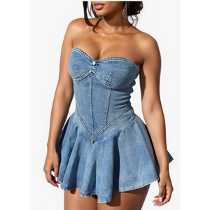SHINFY Womens Summer Denim Dress Sexy Off Shoulder Strapless Bustier Corset Tube Pleated Mini Jean Dresses, Size Large