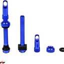 MBP Alloy Tubeless 50mm Bicycle Pro Design Presta Valve Stems Fits Most Rims with 2 Types of Grommets Included for Each stem. Alloy Cap has Built in Valve core Remover Tool. (Blue)