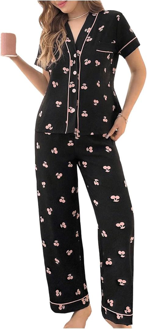 SweatyRocks Women's 2 Piece Pajama Set Cherry Print Sleepwear Button Down Shirt and Pant Sets Black Medium