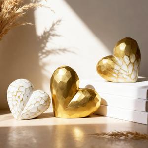 3 Pack Resin Hearts for Valentine's Day Decorations Crafts Gold Resin Hearts Figurine Gifts for Valentine's Day Table Centerpieces Decor for Bedroom Indoor Home Farmhouse Kitchen