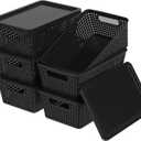 Plastic Storage Baskets With Lid, Storage Bins for Organizing, Stackable Decorative Containers for Shelves Drawers Desktop Closet Playroom Classroom Office, 6 Pack-Black