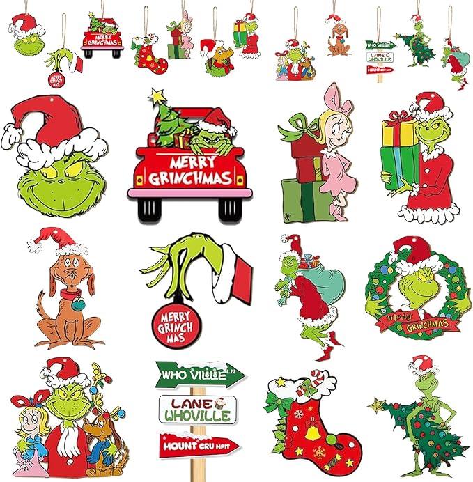 Griinch Ornaments for Christmas Tree Wood, Double-Sided Printing 24 Pcs Christmas Tree Decorations Hanging Ornaments for Tree Home Indoor Outdoor Decorations