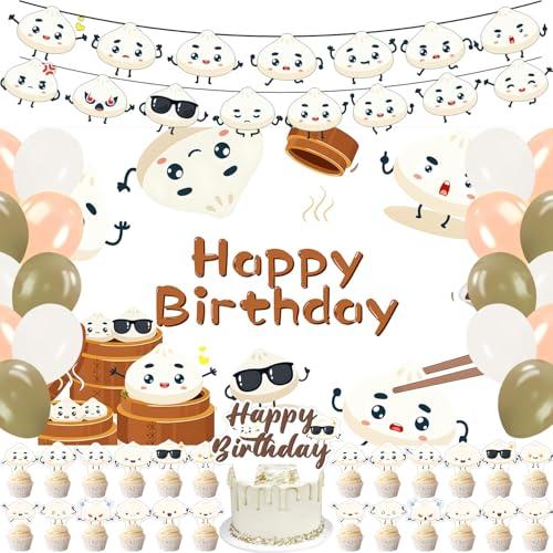 59 Pcs Dumpling Birthday Party Supplies, Chinese Food Themed Party Decoration Dumplings Backdrop Balloons Cake Cupcake Topper for Little Dumpling Themed Party Decor