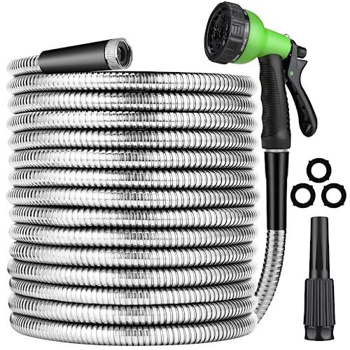 Metal Hose 50 FT, Garden Hose with 10 Function Sprayer Nozzle & Adjustable Nozzle, Garden Hose Rust Proof Kink Free & Tangle Free Flexible for Lawn, Car, RV, and Outdoor Watering
