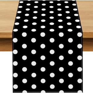 Black and White Polka Dot Table Runner Cartoon Birthday Party Decoration Baby Shower Dining Room Home Kitchen Table Decor (Black, 13" x 72")