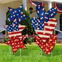 Yalikop 2 Pcs 4th of July Yard Signs Patriotic Yard Decor with Stakes 11.3 x 31.5" Independence Day Outdoor Decorations Red White Blue Star Heart Shaped Sign with LED String Lawn Decorations