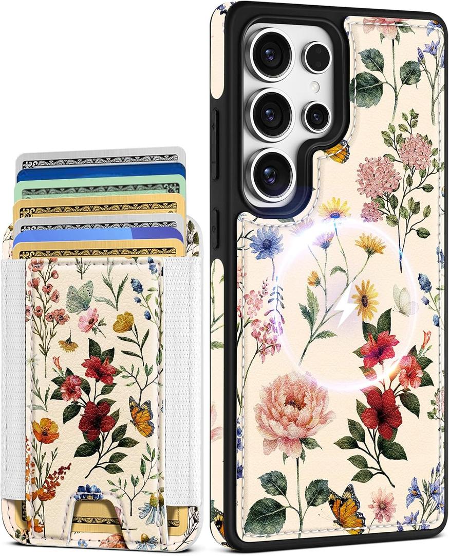 Shorogyt for Samsung Galaxy S25 Ultra Cute Kawaii Leather Phone Case - Compatible with Magsafe Wallet Magnetic Credit Card Holder Fashion Retro Flower Design Phone Cover for Women Girls, Fits 7 Cards