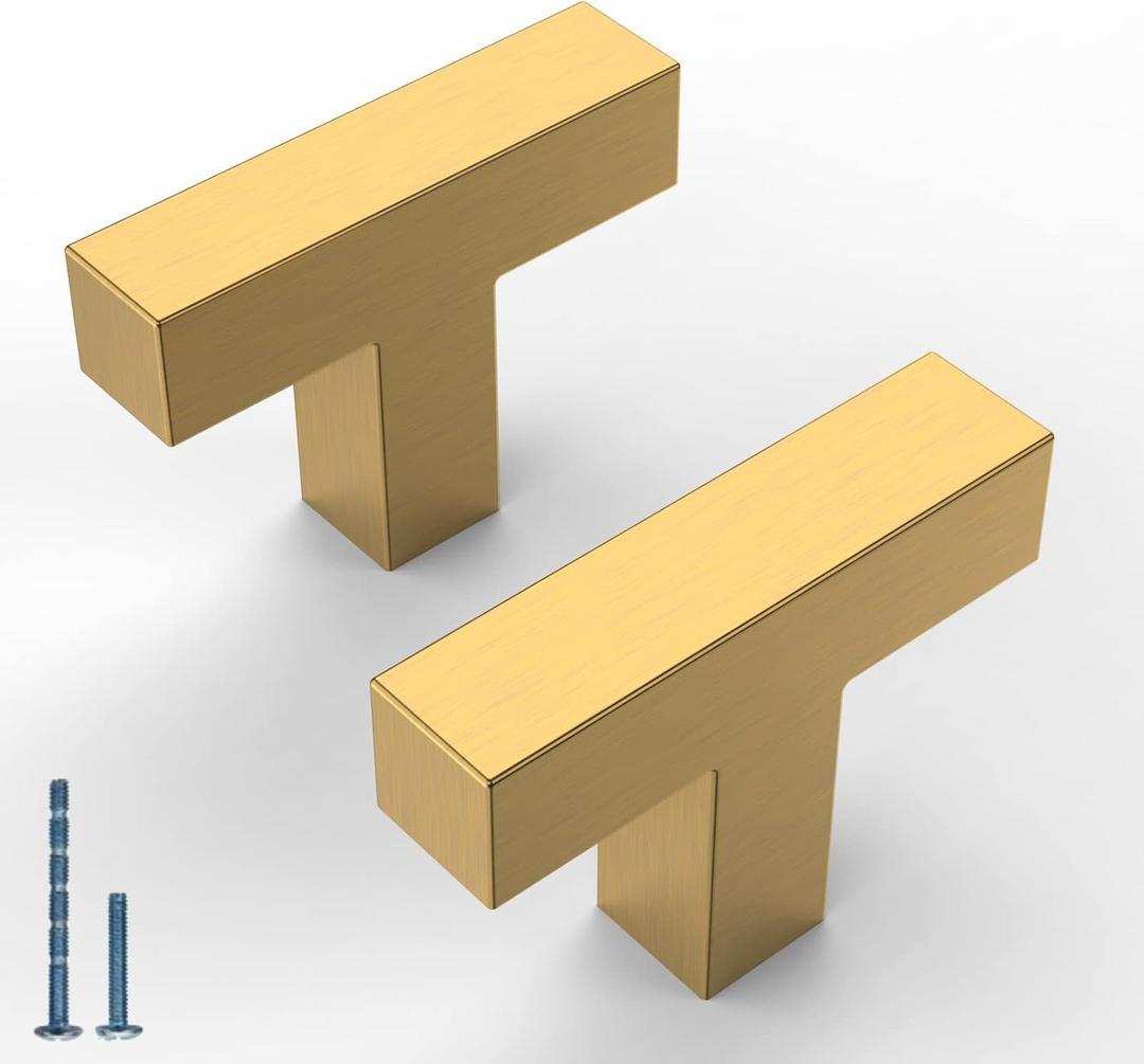 10 Pack 2''(50mm) Brushed Brass Cabinet Knobs Kitchen Gold Cabinet Knobs Stainless Steel T Bar Drawer Dresser Pulls Square Cabinet Hardware for Cupboard