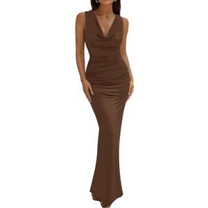 BTFBM Cocktail Dresses for Women Spring 2026 Cowl Neck Sleeveless Ruched Slim Fit Maxi Formal Wedding Guest Dress (Small, Brown)