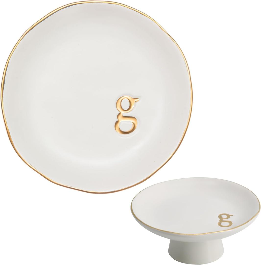 COLLECTIVE HOME - Ceramic Jewelry Tray, Decorative Monogram Jewelry Dish, Luxurious Trinket Tray with High Base, Birthday Mother's Day for Women (g)