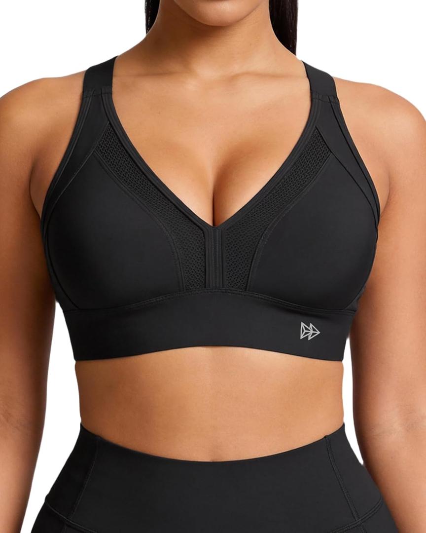 Yvette Sports Bras for Women High Impact Support, Sleek V-Neck with Adjustable Criss Cross Straps for Running&Workout (Black, L)
