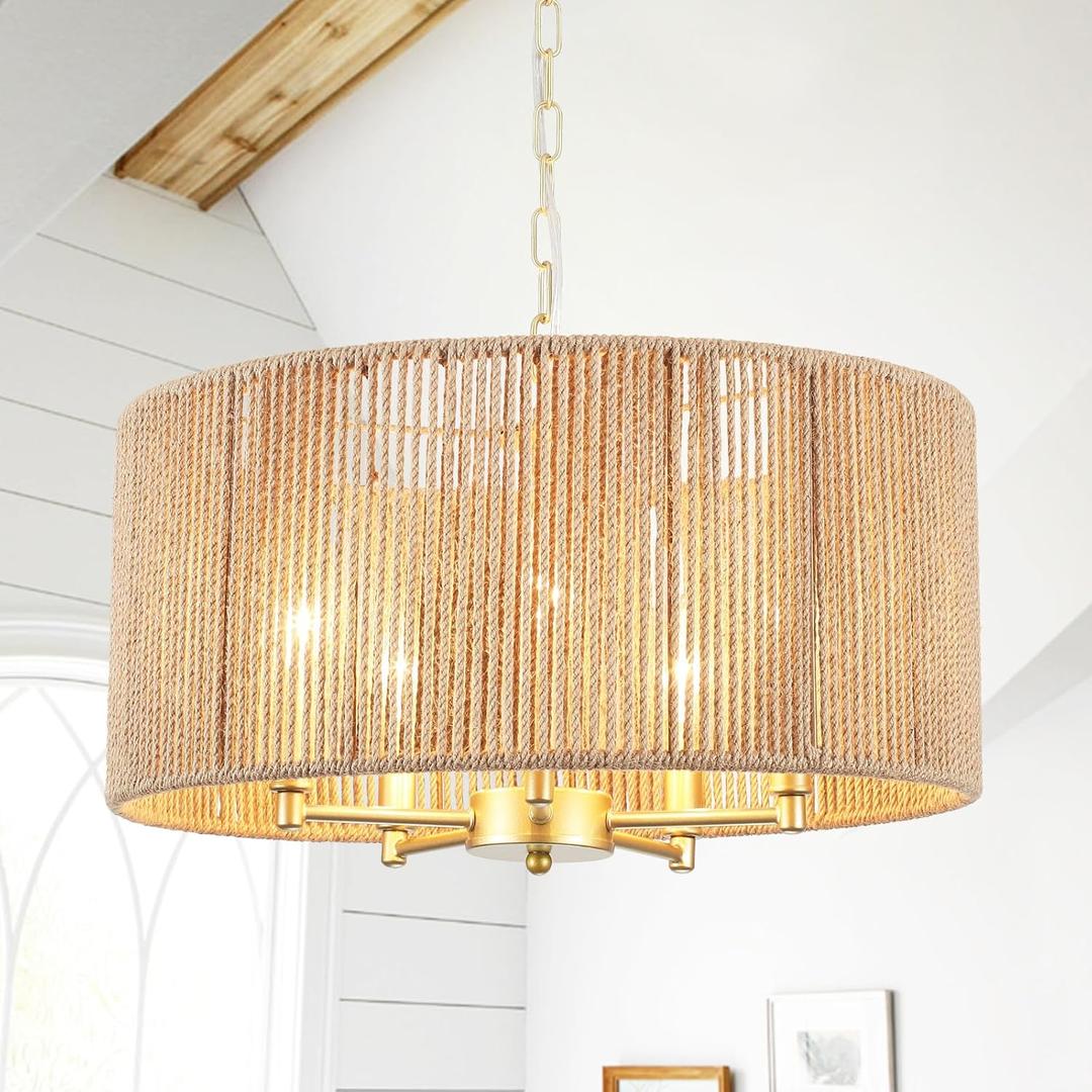 5-Lights Boho Rattan Chandelier for Dining Room19 Inch Large Gold Drum Chandeliers Round Hand-Woven Chandelier Vintage Lighting Fixtures for Living Room Kitchen Island Foyer E12, Gold 