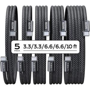 LISEN USB C Cable, 5-Pack [3.3/3.3/6.6/6.6/10FT] USBC to USBC Cable for iPhone 16e 15 Pro Max Charger Cord, 60W C to C Cable Fast Charging for Samsung Z Flip 7/S25/S24, Switch 2, iPad, MacBook Air 17