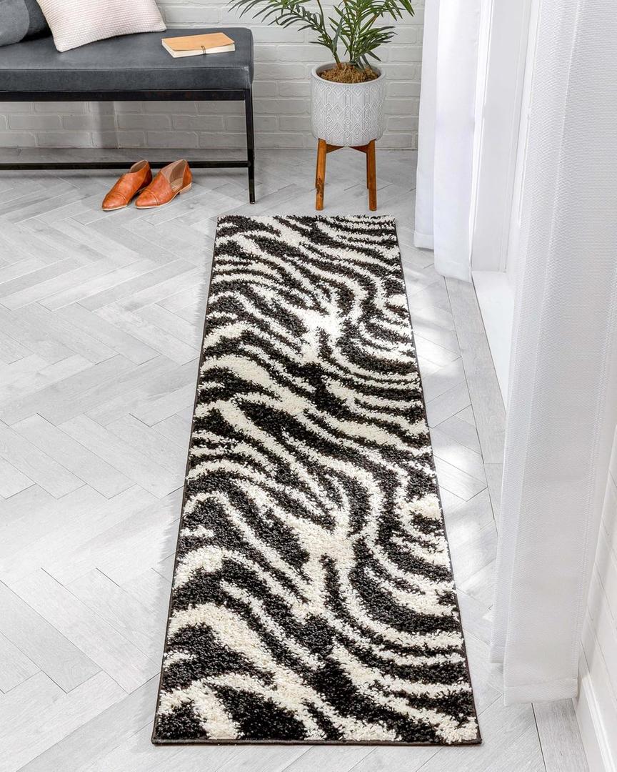 Well Woven Madison Shag Safari Zebra Black Animal Print Area Rug 2'3" x 7'3" Runner