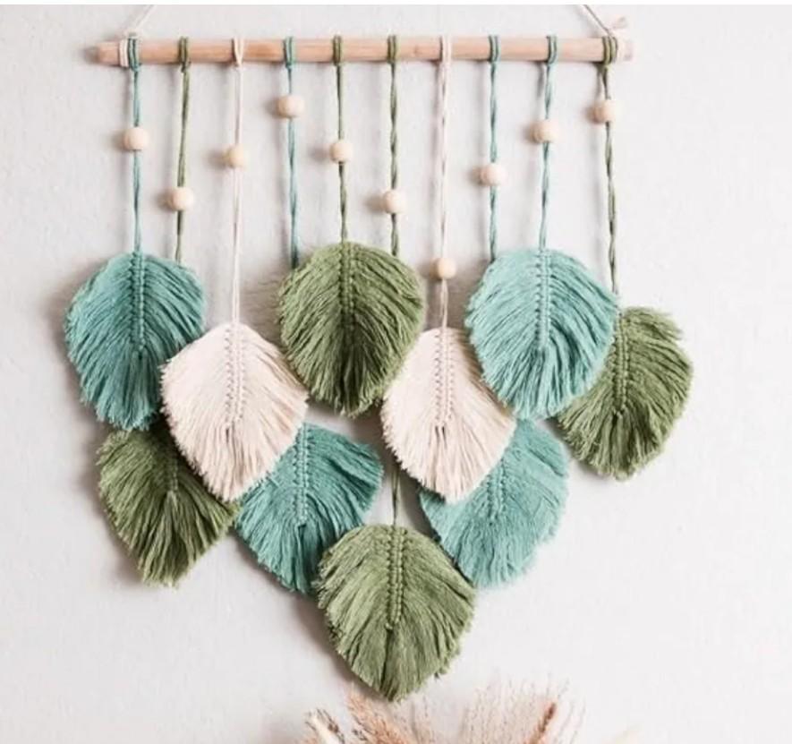 SnugLife Macrame Wall Hanging Leaves - Large Chic Feather Boho Decor, Handmade Yarn Woven Art Leaf Tapestry for Nursery, Bedroom, Living Room, 17 X 22 Inch (Green, Sage Green & Beige)