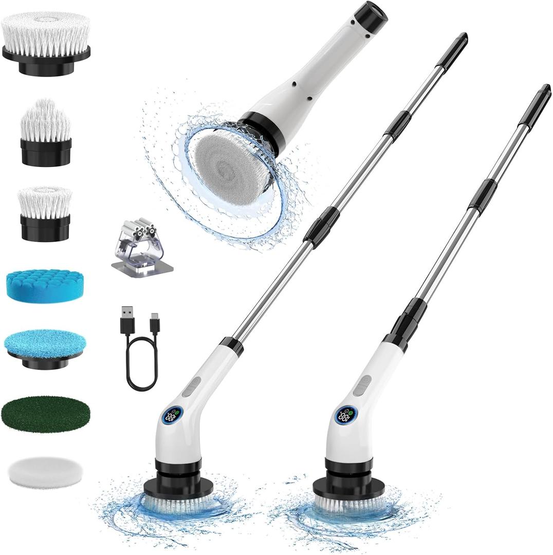 PunaFlex Shower Scrubber with Long Handle: Cordless Electric Spin Scrubber, Power Scrubber Brush for Cleaning Bathroom, Tub, Tile and Floor
