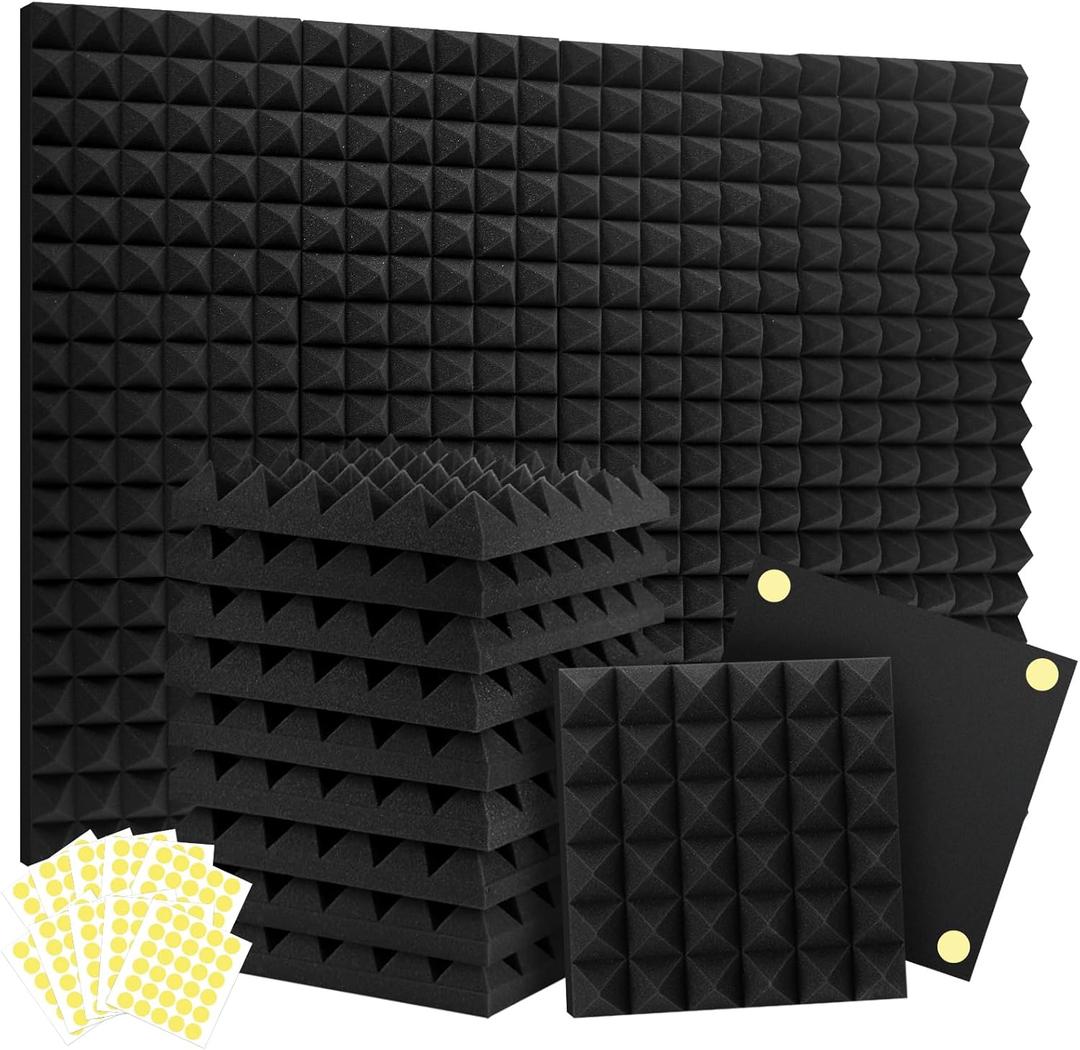 Focusound Acoustic Panels 24 Pack 2"x12"x12" with 120 PCS Double-Side Adhesive - Sound Proof Pyramid Foam for Walls, Home Studio Noise Absorption & Echo Control Kit