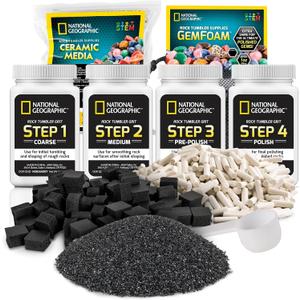 NATIONAL GEOGRAPHIC Rock Tumbler Grit & Media Refill Kit Rock Polishing Supplies Kit, 4-Stage Silicon Carbide Bulk Grit, 1.5 Pounds of Ceramic Pellets, Stone Tumbling & GemFoam Polishing Media