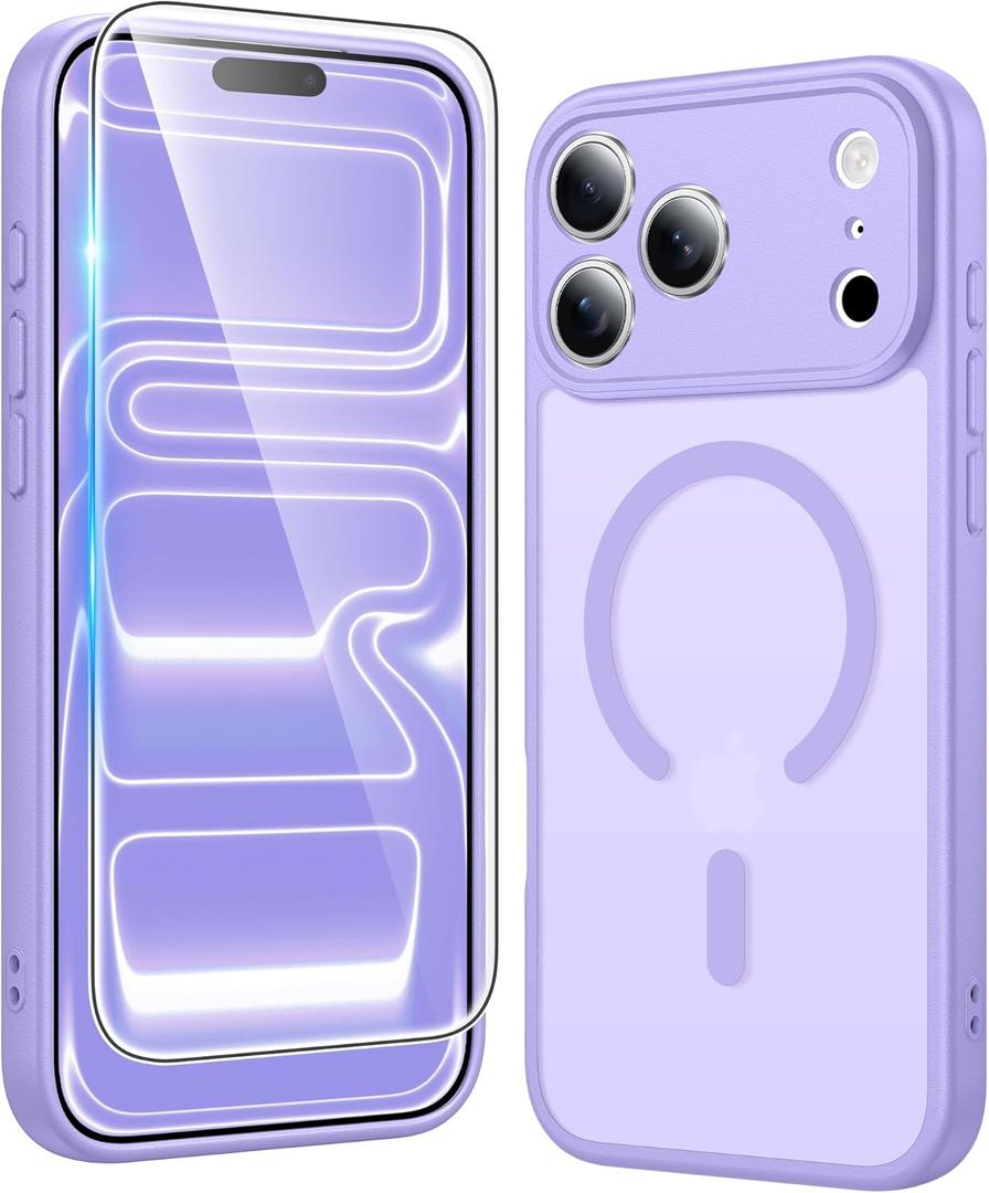 FNTCASE for iPhone 17 Pro-Max Case: Matte Magnetic Phone Cases with Screen Protector Compatible with Magsafe Slim Anti Yellowing Rugged Shockproof Protective Translucent Cell Cover (C-Purple)