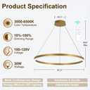 Modern LED Chandelier Gold High Ceiling Ring Chandeliers with Remote Control Circular Pendant Light Dimmable for Dining Room Living Room Bedroom Hallway Kitchen Island(3000K-6500K D23.6)