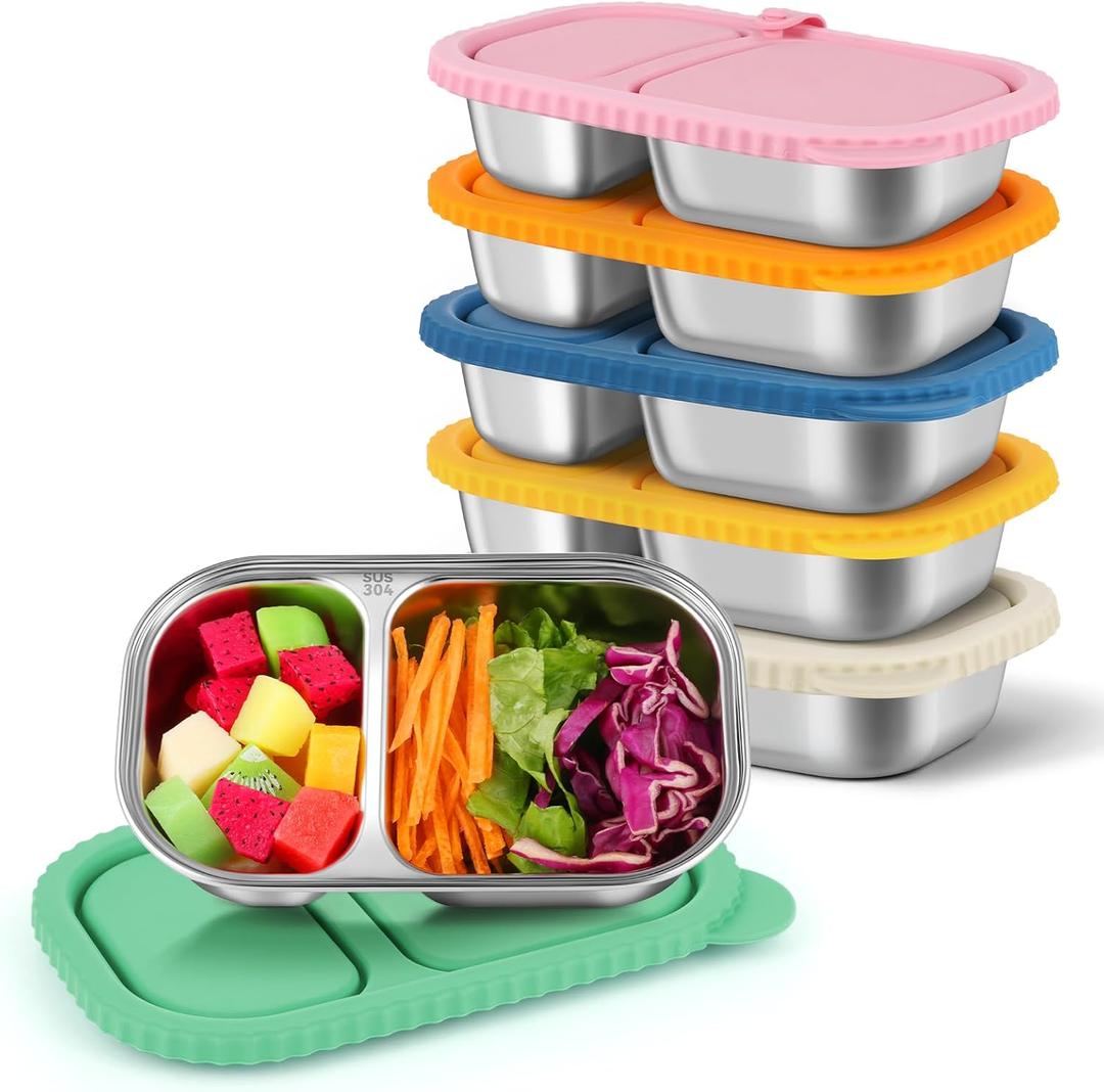 6 Pack Stainless Steel Snack Containers with Silicone Lids, Reusable Stainless Steel Food Containers Snack Box, 2 Compartment Meal Prep Containers for Lunch, Leakproof, Dishwasher Safe