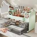 Makeup Organizer with Drawers for Vanity,Bathroom Countertop Organizer with Brushes Holder,Skincare Storage Organizer,Perfect Cosmetic Display Case for Skincare,Lipstick and Beauty Essential (Green)