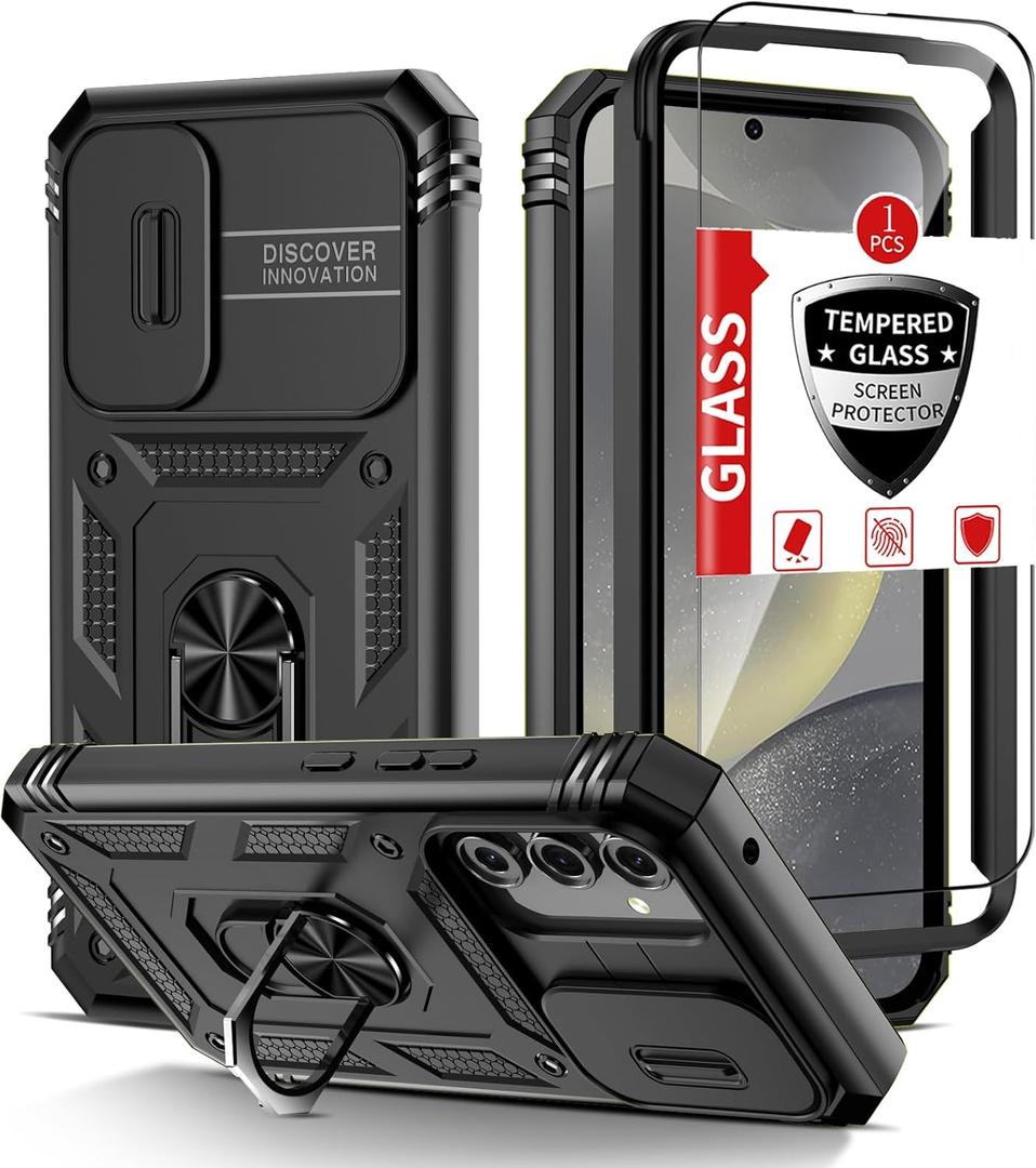 Compatible with Samsung Galaxy S24 Case with 1 Screen Protector,Built-in 360 Kickstand Ring,with Camera Cover Dustproof Shockproof Military Grade Drop Heavy Duty Protection Phone Bumper,Black