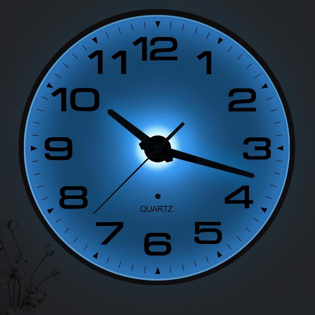 JoFomp Lighted Wall Clocks Battery Operated, 10 Inch Wall Clock for Bedroom Night Glow, Night Light Wall Clock Silent, Glow in The Dark Wall Clocks for Living Room Decor, Light Sensor - Auto Lighting
